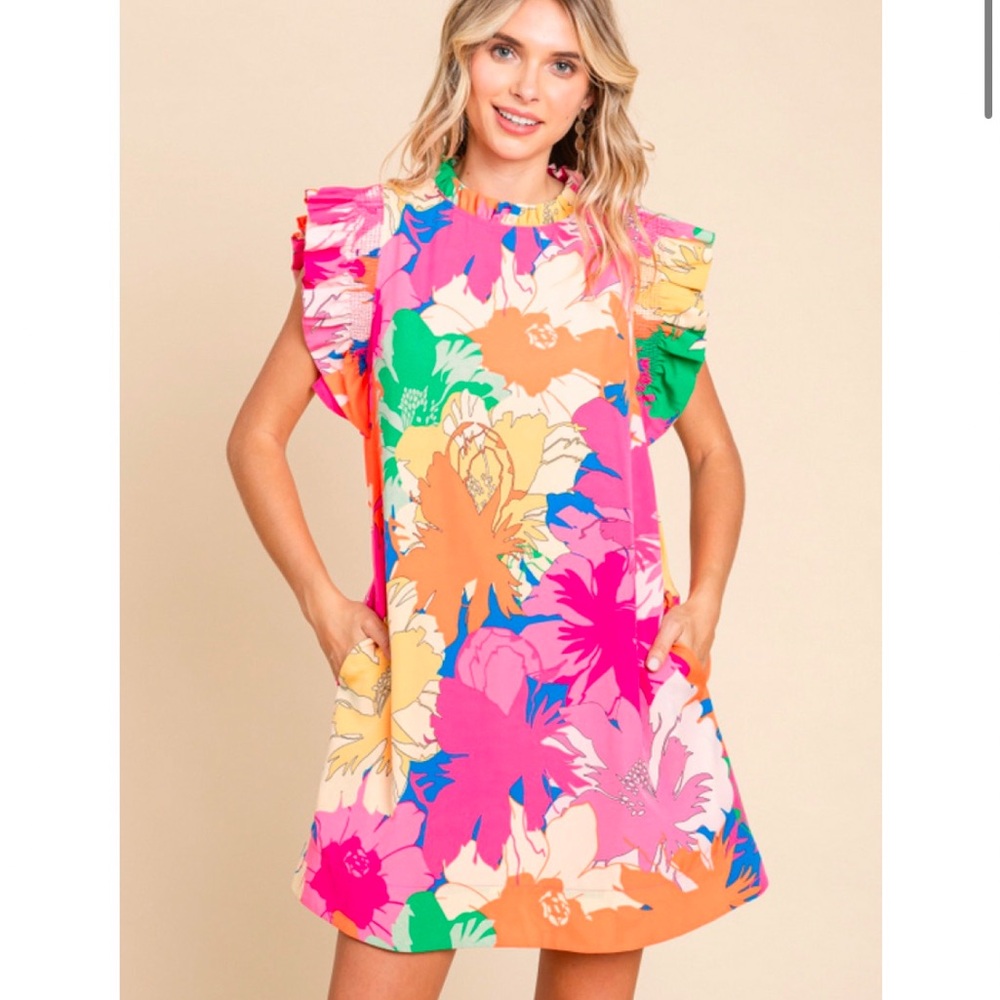 JODIFL Pink and Orange Asymmetrical Ruffled Mini Dress